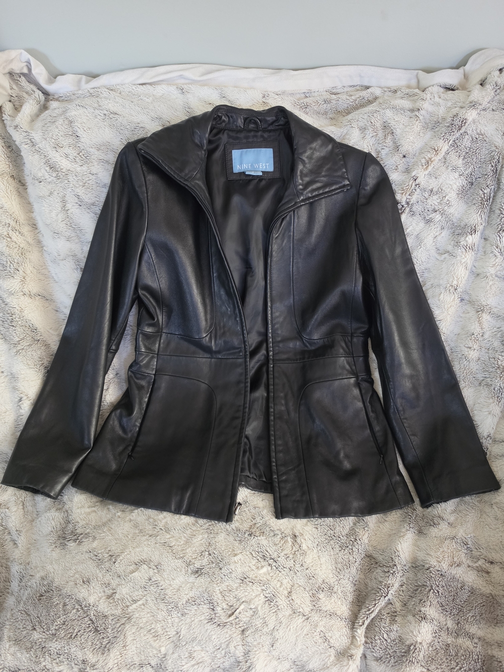 Nine West Women's Black Leather Zip-Front Jacket